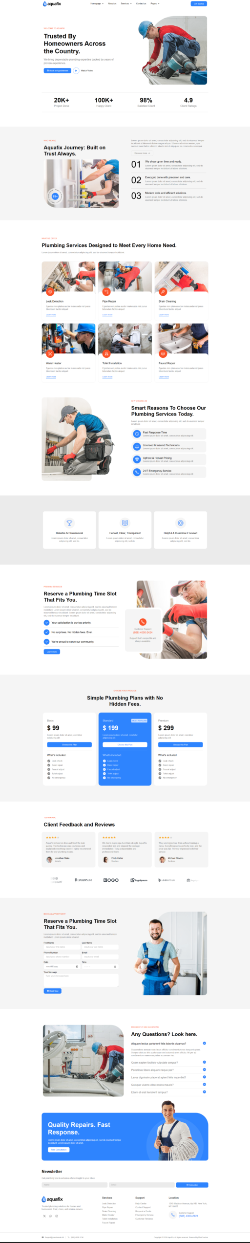Bold, emergency-focused plumbing website homepage layout example